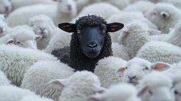 A black sheep stands out prominently among a dense flock of white sheep. photo