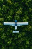 A white airplane with visible wear, tear flies over a dense green forest photo