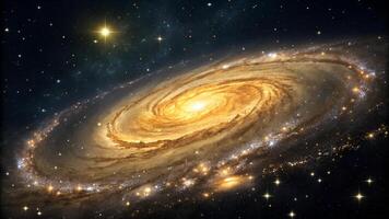 This captivating image showcases a spiral galaxy, bathed in warm golden light, against the backdrop of a vast photo