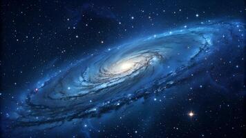 View of a spiral galaxy, bathed in a rich blue-toned night sky. photo