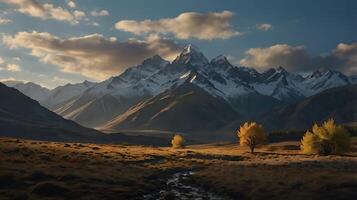 Stunning Mountain View Presents Green Valleys and Towering Peaks, Showcasing the Power of Nature and Its Untamed Beauty Under Clouds photo