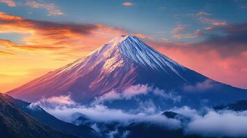 Breathtaking view of a snow-capped mountain at sunset, surrounded by ethereal clouds and vibrant skies. photo