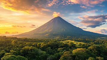 Breathtaking view of a volcano surrounded by lush forests and vibrant skies at sunset. photo
