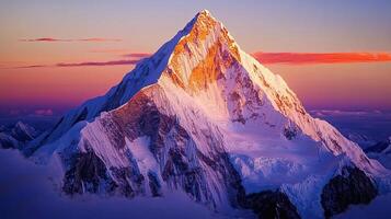 A breathtaking sunset view of a snow-capped mountain peak towering above the clouds, showcasing nature's beauty. photo