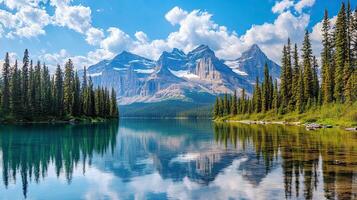 Breathtaking view of mountains reflected in clear, tranquil lake surrounded by lush green pine trees under blue sky. photo