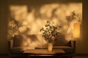 A sofa and a vase of flowers in front of a window photo