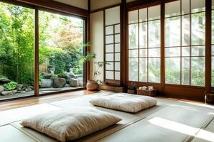 A japanese style room with large windows and a large bed photo