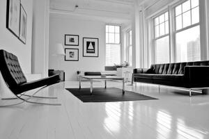 Modern Minimalist Loft Apartment Interior Design in Black and White photo