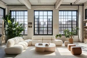 Modern Loft Apartment with Cozy White Sofa and City View photo