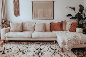 A white couch with orange and brown pillows photo