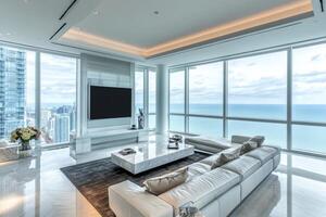Luxury Lakefront Penthouse Living Room with Stunning City and Ocean Views photo
