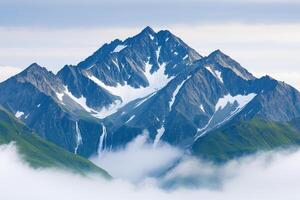 Majestic mountain landscape. Dramatic mountain landscape with towering rocky cliffs and snow photo