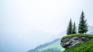 Majestic mountain landscape. Majestic mountain cliffs with lush green valleys and evergreen trees photo