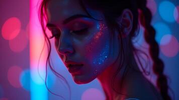 Glittering face in neon light colorful background photo