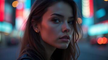Portrait of woman against vibrant city background photo