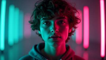 Person portrait with red and cyan neon lights photo