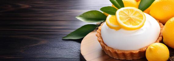 A lemon tart with a slice of lemon on top photo