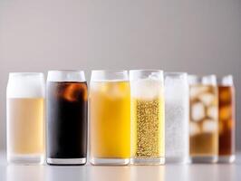 A row of different types of drinks in glasses photo