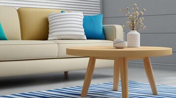 A small table with a vase on it in front of a couch photo