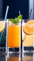 Three different types of drinks with ice and lemon slices photo