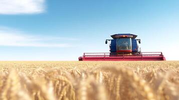 A combine harvester is in the middle of a wheat field photo