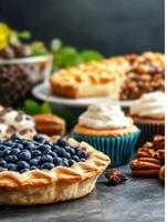 Various desserts on a table with blueberries and nuts photo
