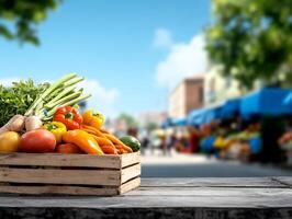 Fresh vegetables in a wooden crate on a table photo