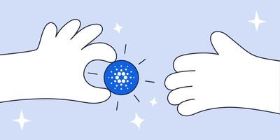 llustration of a Cardano Crypto Transaction Represented by Hands Sharing a Blue ADA Cryptocurrency Token vector