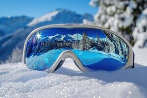 Ski goggles reflecting stunning mountain view on sunny winter day photo