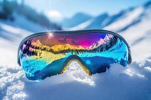 Ski goggles reflecting colorful mountain view on a sunny winter day photo