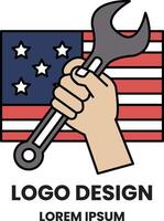 A hand holding a wrench with the American flag in the background vector