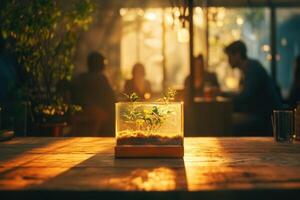 Small plant growing in a glass terrarium on a wooden table in a cafe photo