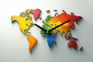 Colorful world map clock showing time zones and global connectivity photo