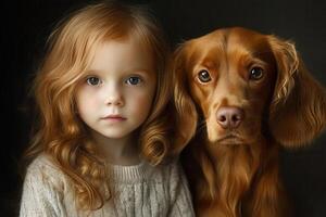 rojo peludo niña y su perro posando juntos para un retrato foto