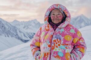 Inuit senior woman wearing colorful winter jacket in snowy mountains photo