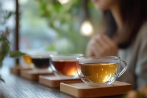 Woman enjoying a tea tasting in a cozy cafe photo
