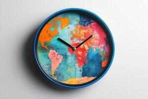 Colorful world map clock hanging on white wall, showing current time photo