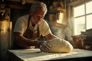 Baker kneading dough in traditional bakery, hands covered in flour photo