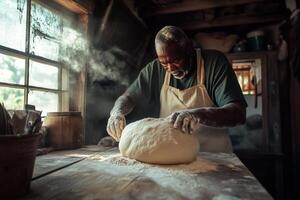 Baker kneading dough in rustic bakery, a cloud of flour creates a magical atmosphere photo