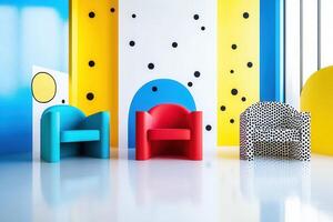 Modern armchairs in a colorful and playful memphis style room photo