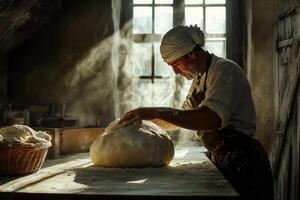 Baker kneading dough in rustic bakery with flour dusting hands photo