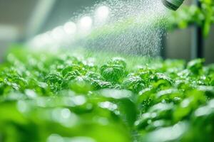 Automated sprinkler system watering growing plants in indoor vertical farm photo