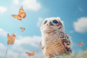 Baby owl chick observing flying butterflies in a sunny day photo