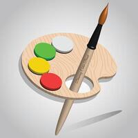 A 3D digital illustration of a wooden palette with vibrant paint blobs in red, yellow, green, and white With a paintbrush for drawing. vector