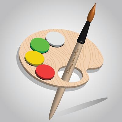 A 3D digital illustration of a wooden palette with vibrant paint blobs in red, yellow, green, and white With a paintbrush for drawing.