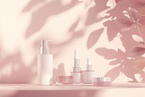 Luxury skincare products set on pink background with leaf shadow photo