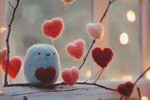 Adorable handmade valentine's day decoration with felted hearts and smiling character photo