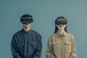 Business colleagues using virtual reality headsets in the metaverse photo