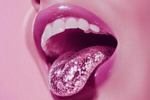 Woman showing pink glittery tongue and glossy lips photo