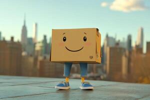 Cute cardboard box character smiling in new york city rooftop photo